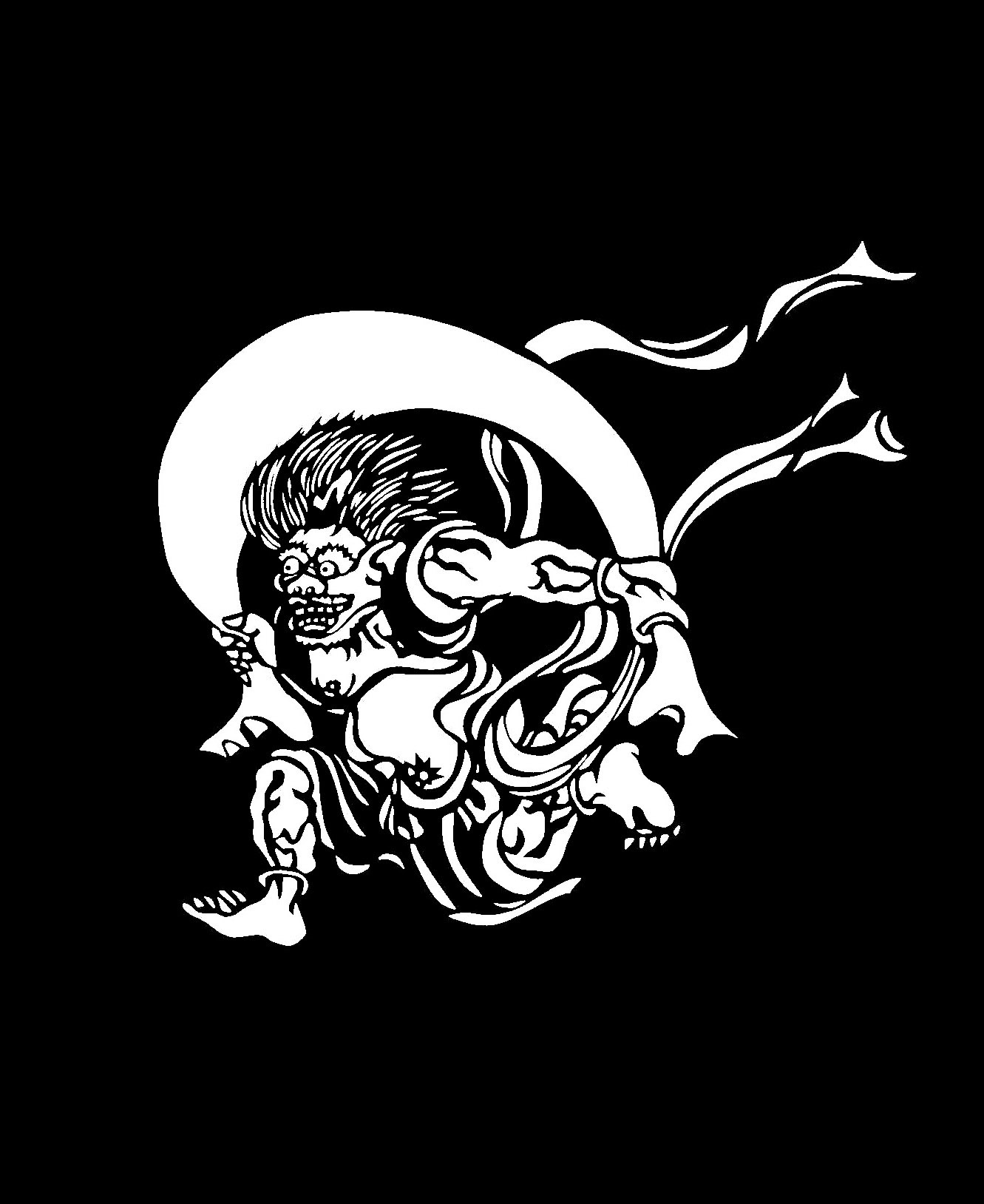 浮世絵　羽織　風神　雷神　新品タグ付き　素材レーヨン100％　サイズF 本染め鯉口シャツ【風神雷神に巴｜オレンジ刺子】祭用品専門店